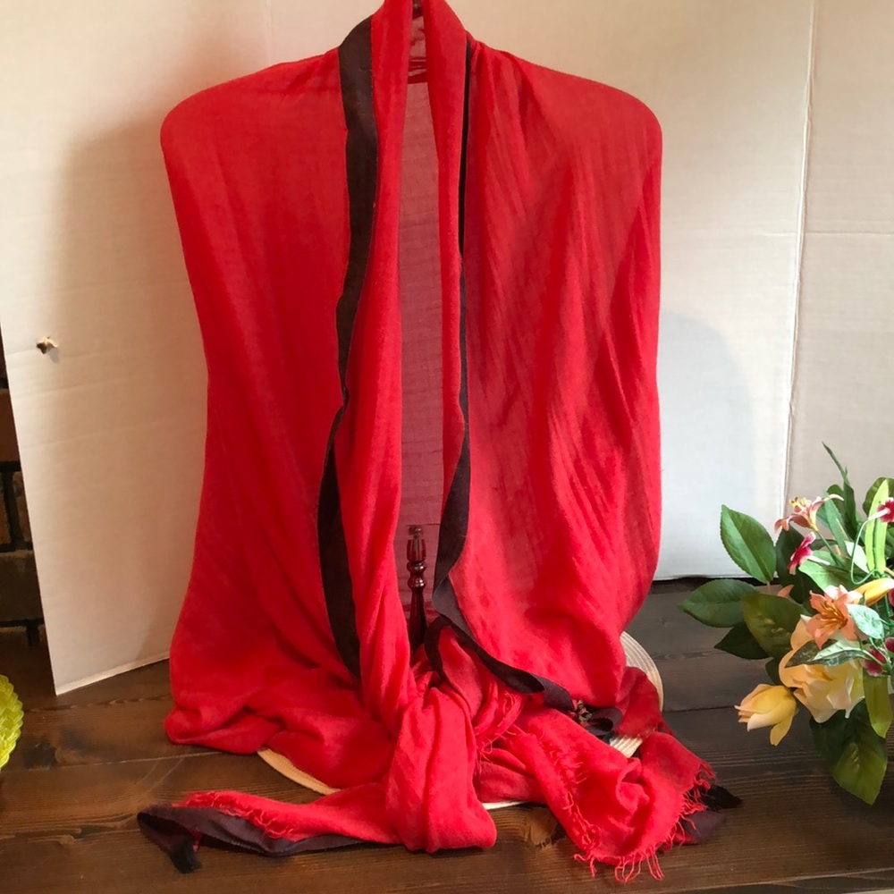 Shrug or Scarf w/fringe, Red trimmed in black